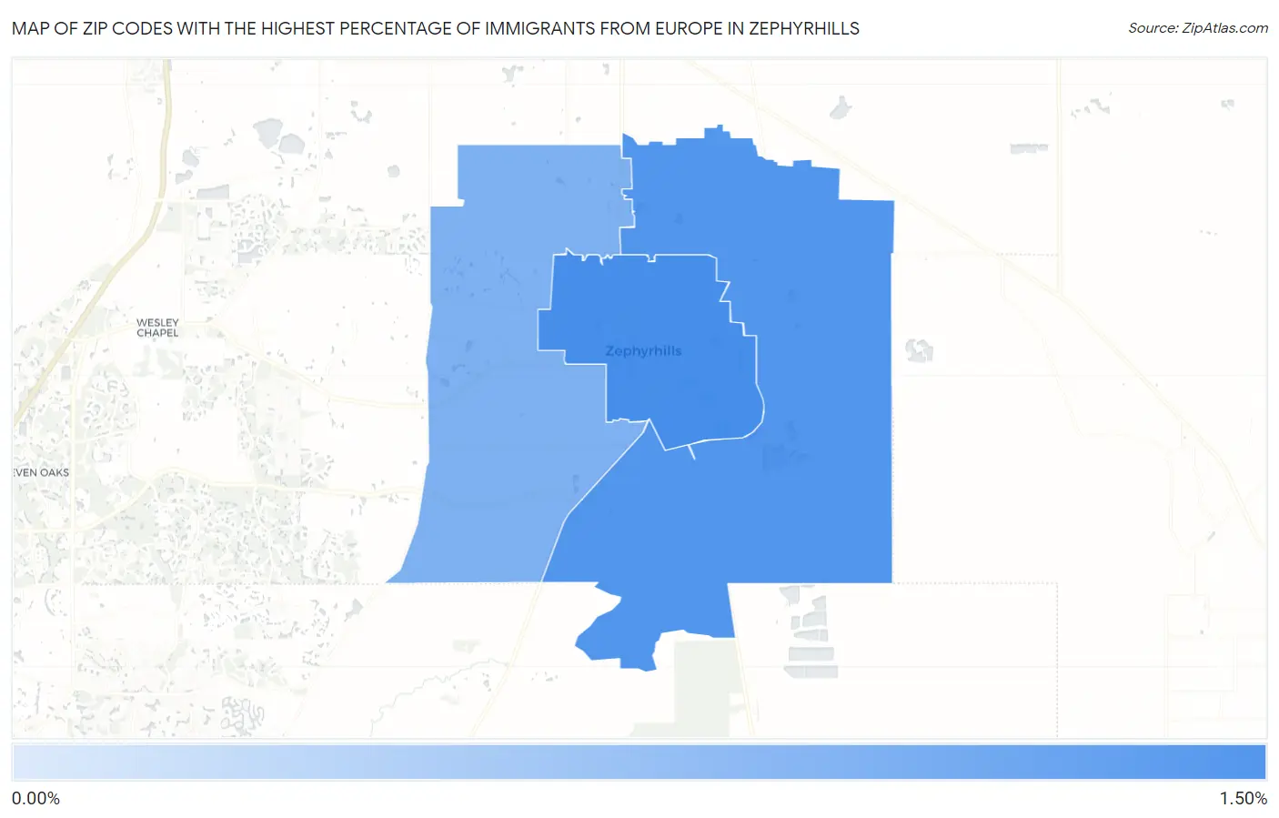 Zip Codes with the Highest Percentage of Immigrants from Europe in Zephyrhills Map