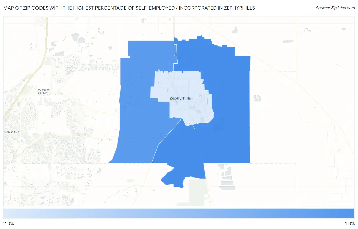 Zip Codes with the Highest Percentage of Self-Employed / Incorporated in Zephyrhills Map
