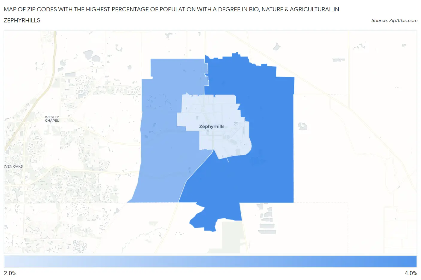 Zip Codes with the Highest Percentage of Population with a Degree in Bio, Nature & Agricultural in Zephyrhills Map