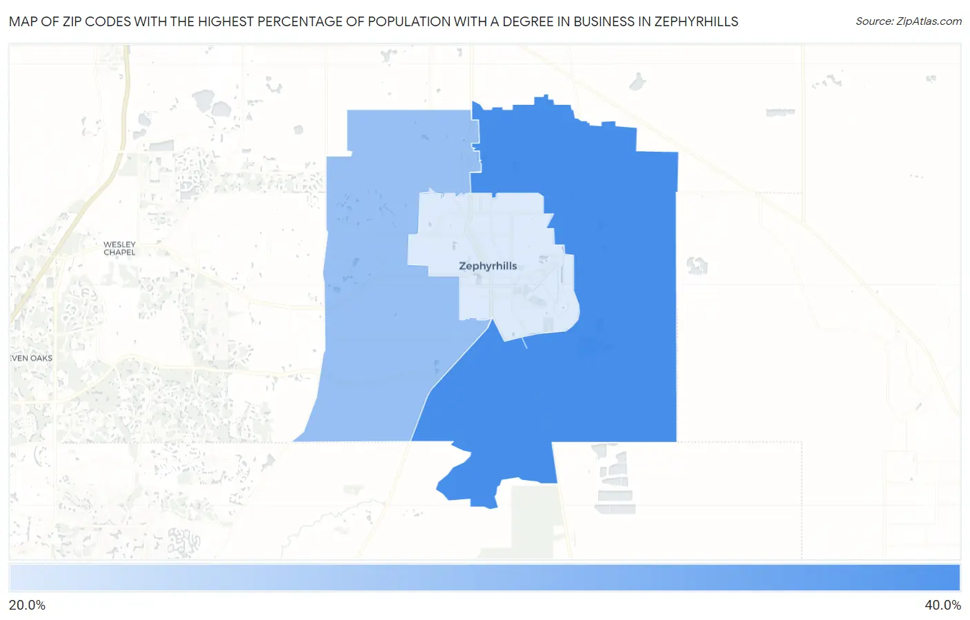 Zip Codes with the Highest Percentage of Population with a Degree in Business in Zephyrhills Map