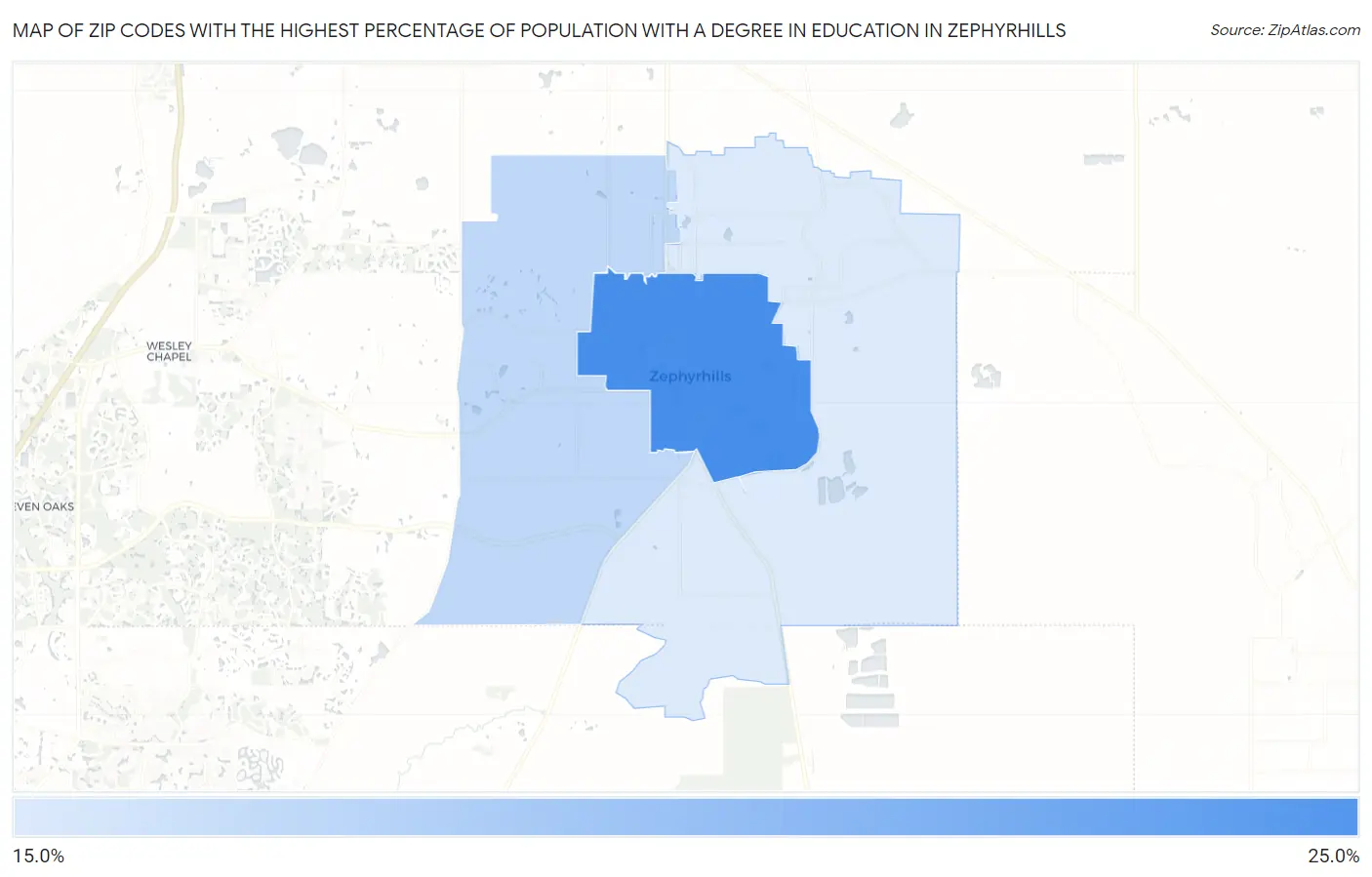Zip Codes with the Highest Percentage of Population with a Degree in Education in Zephyrhills Map