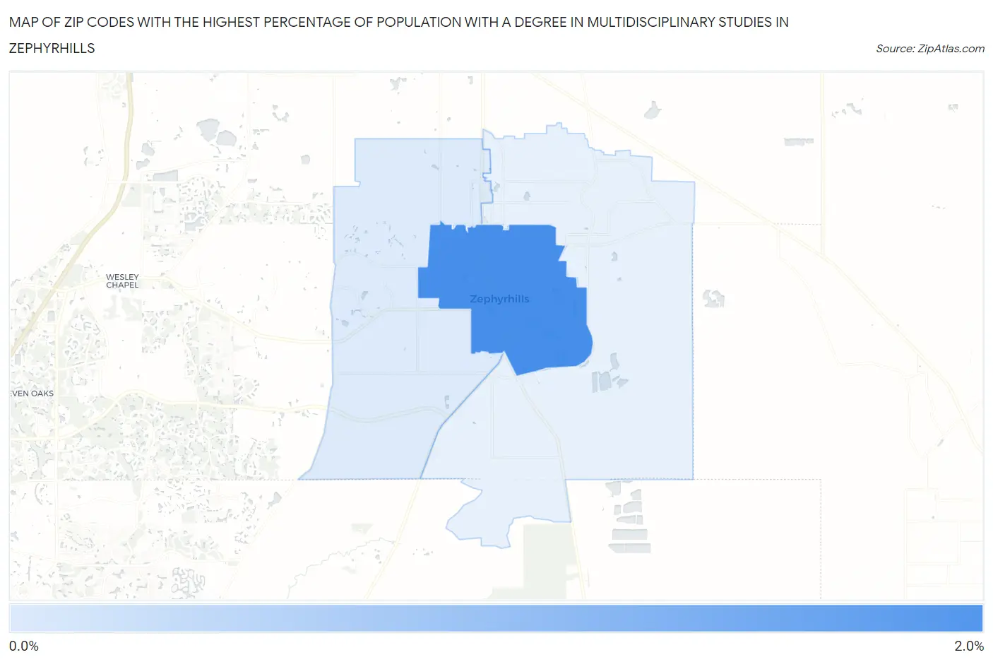 Zip Codes with the Highest Percentage of Population with a Degree in Multidisciplinary Studies in Zephyrhills Map