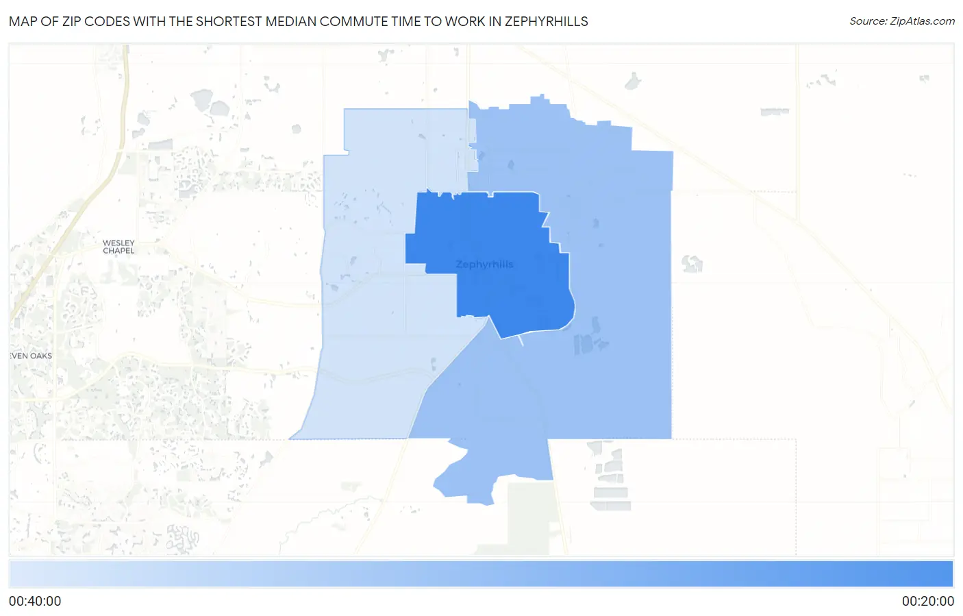 Zip Codes with the Shortest Median Commute Time to Work in Zephyrhills Map