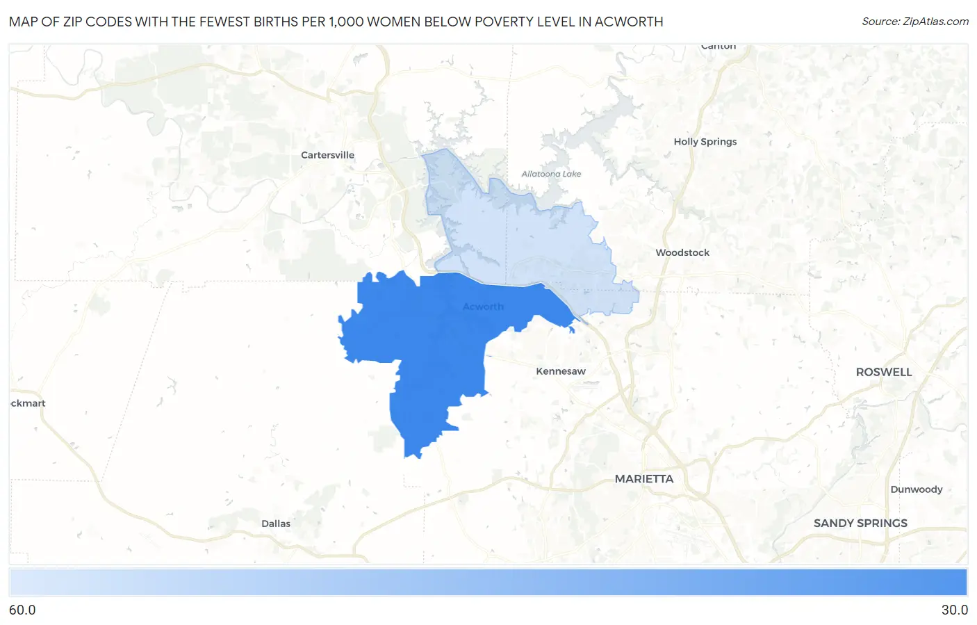 Zip Codes with the Fewest Births per 1,000 Women Below Poverty Level in Acworth Map