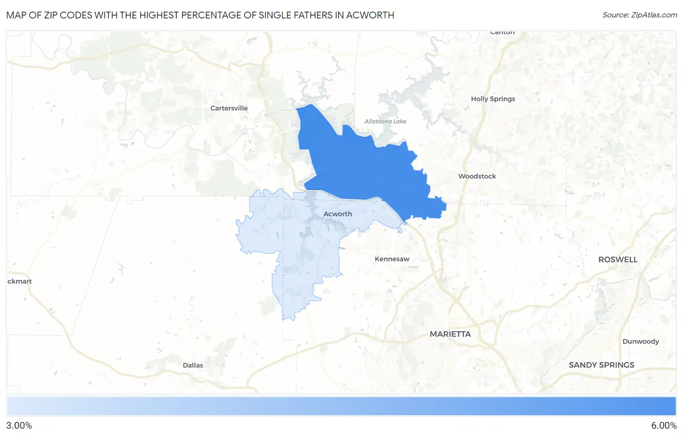 Zip Codes with the Highest Percentage of Single Fathers in Acworth Map