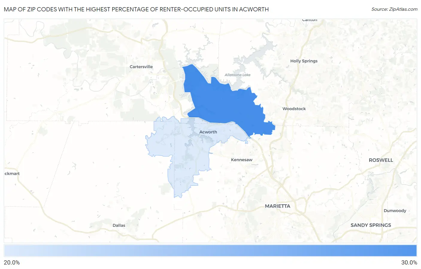 Zip Codes with the Highest Percentage of Renter-Occupied Units in Acworth Map