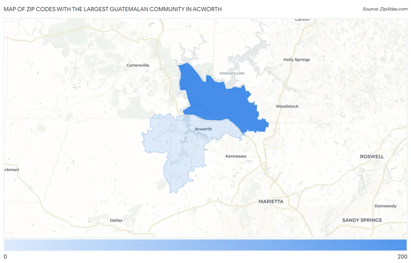 Zip Codes with the Largest Guatemalan Community in Acworth Map