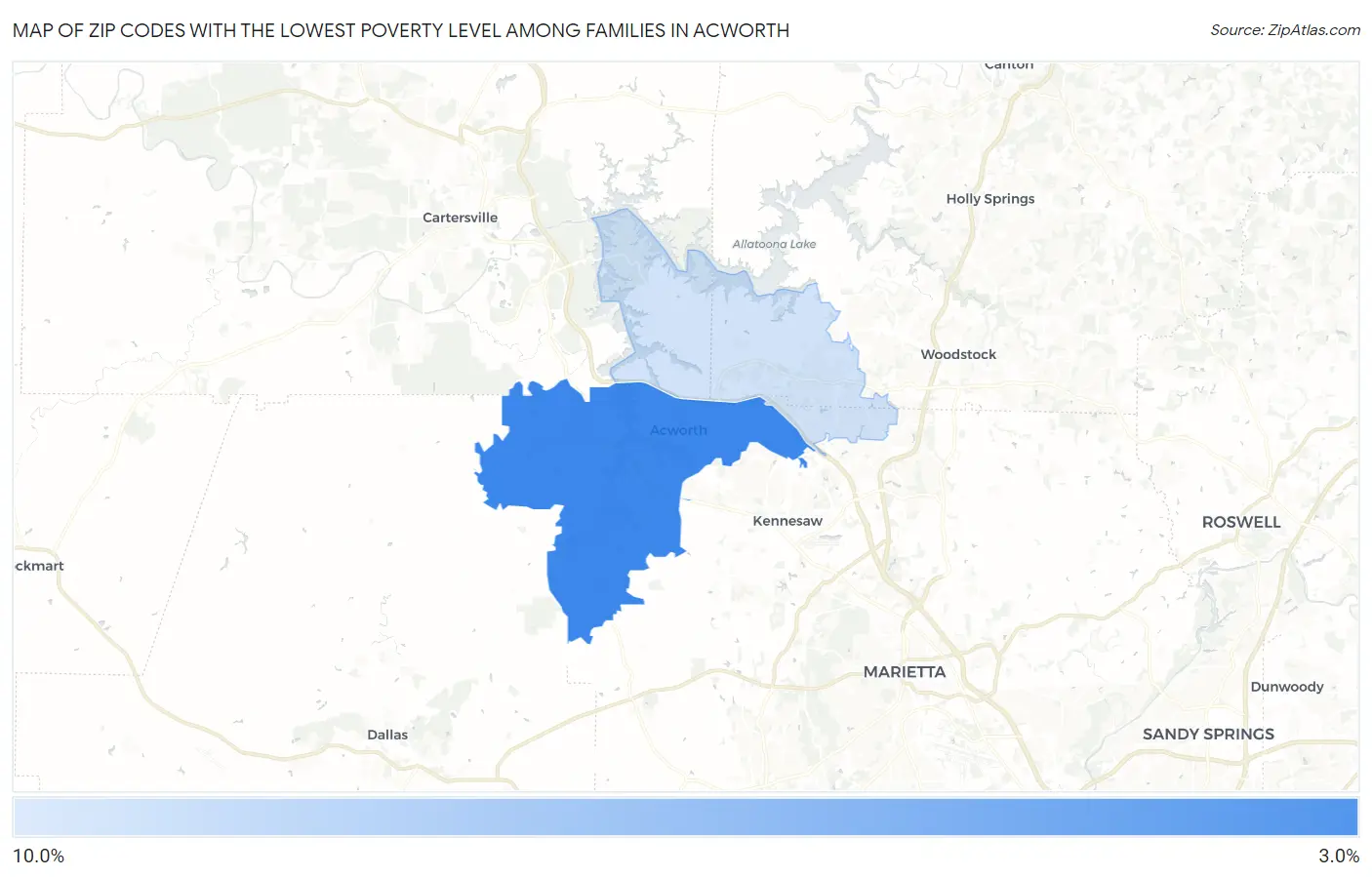 Zip Codes with the Lowest Poverty Level Among Families in Acworth Map