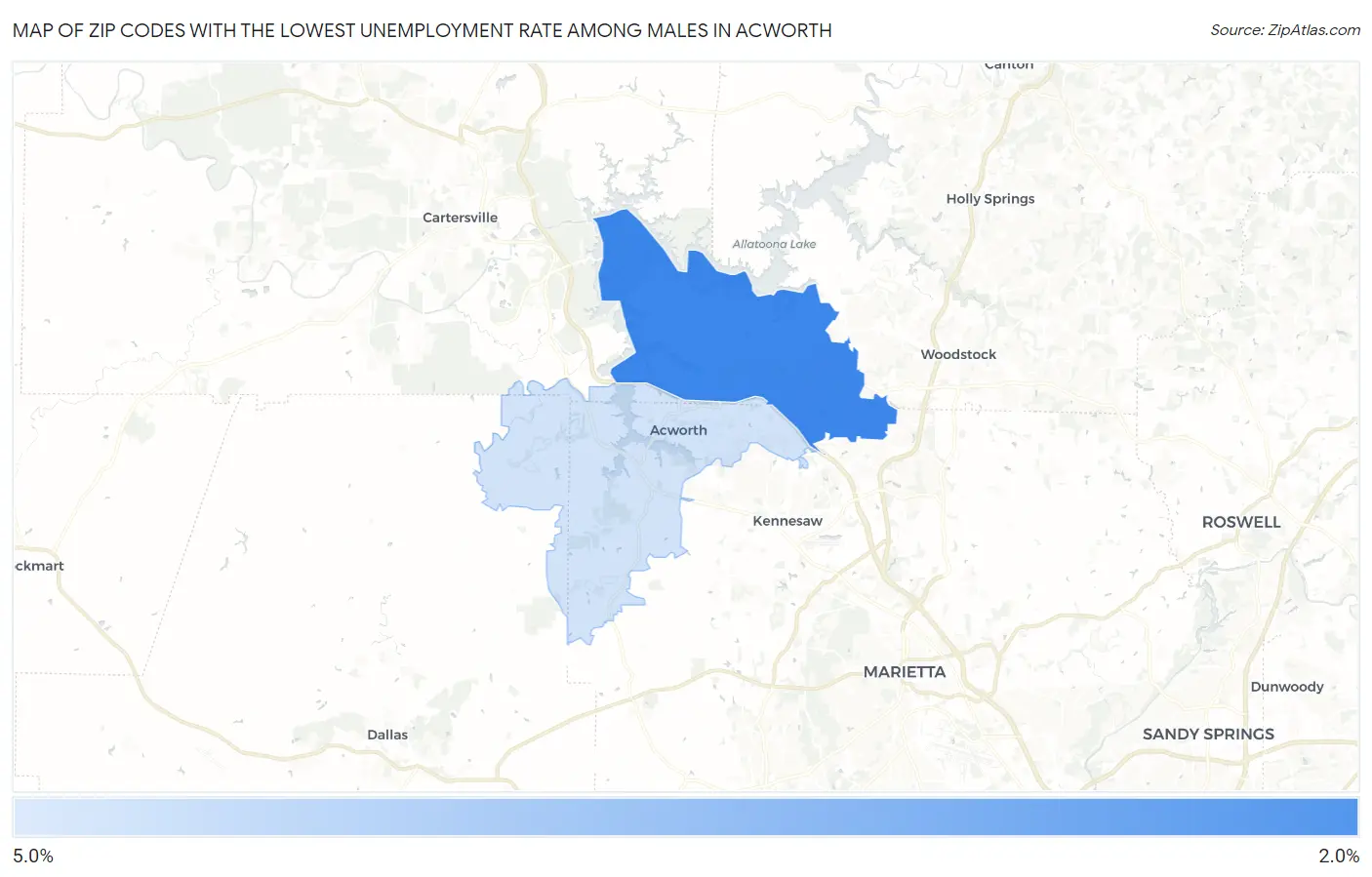 Zip Codes with the Lowest Unemployment Rate Among Males in Acworth Map