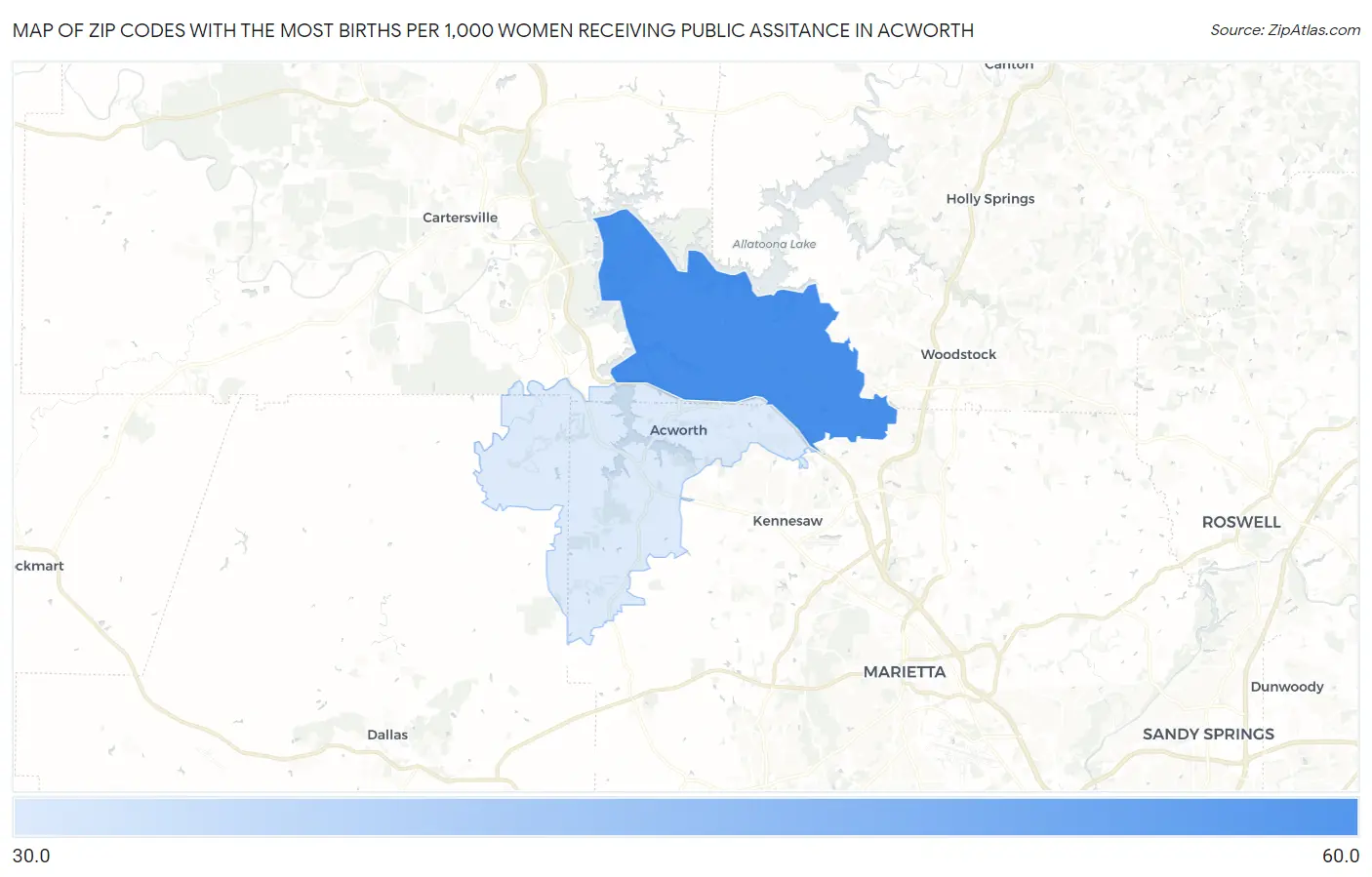 Zip Codes with the Most Births per 1,000 Women Receiving Public Assitance in Acworth Map