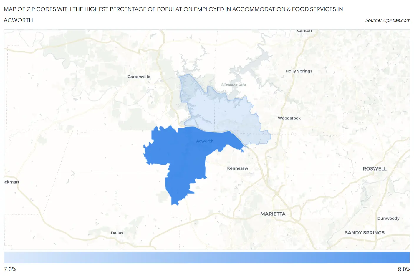 Zip Codes with the Highest Percentage of Population Employed in Accommodation & Food Services in Acworth Map