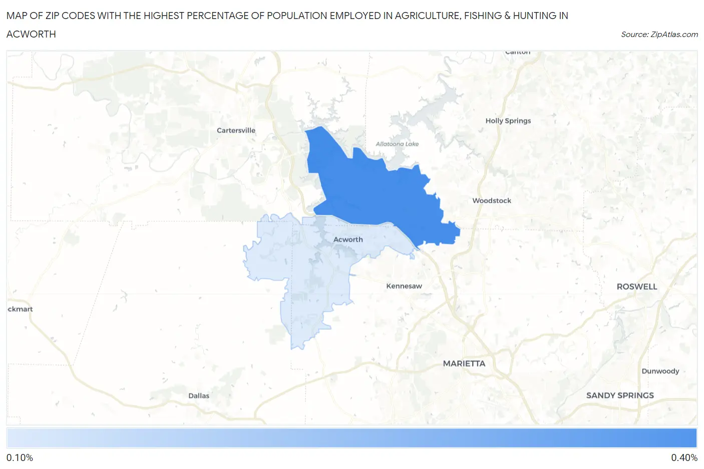 Zip Codes with the Highest Percentage of Population Employed in Agriculture, Fishing & Hunting in Acworth Map