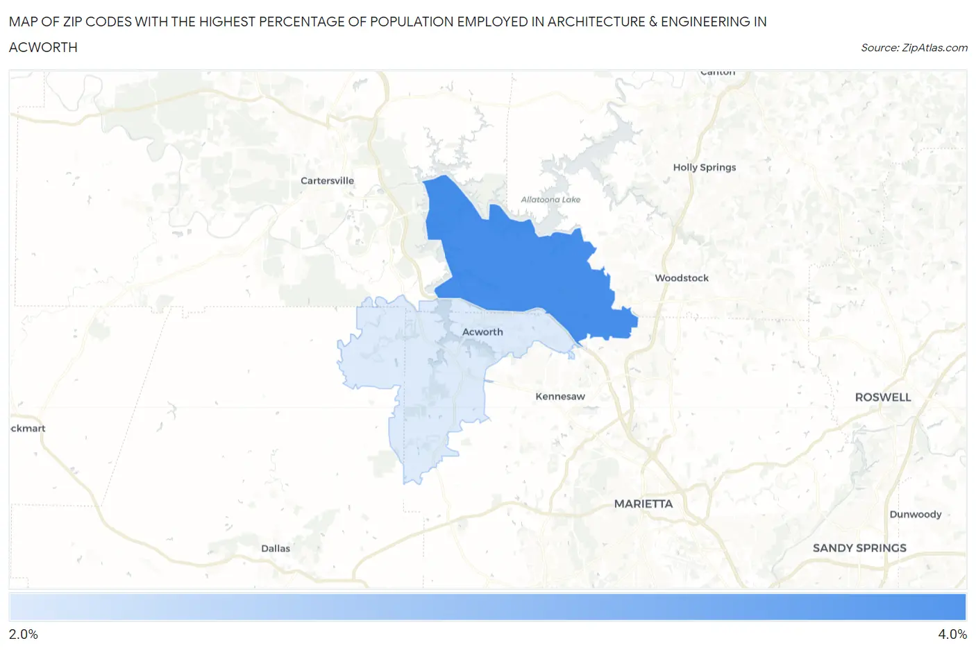 Zip Codes with the Highest Percentage of Population Employed in Architecture & Engineering in Acworth Map