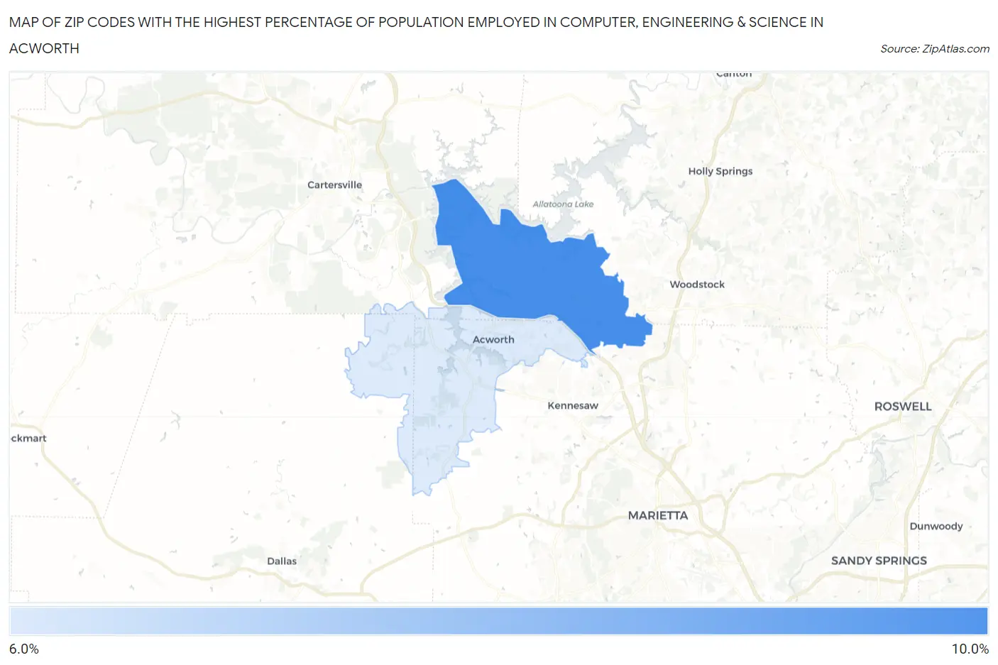 Zip Codes with the Highest Percentage of Population Employed in Computer, Engineering & Science in Acworth Map