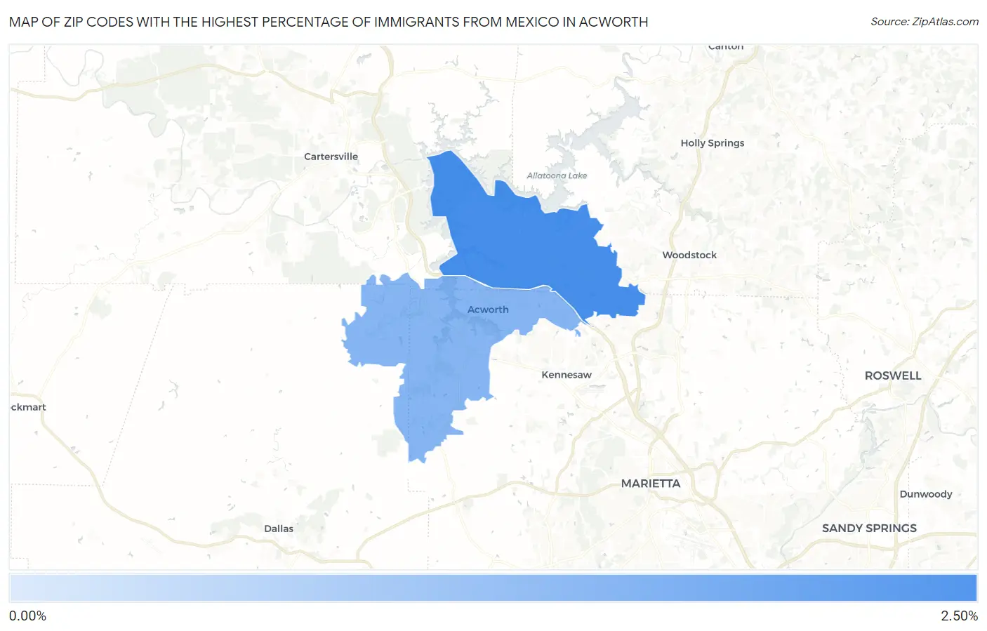 Zip Codes with the Highest Percentage of Immigrants from Mexico in Acworth Map