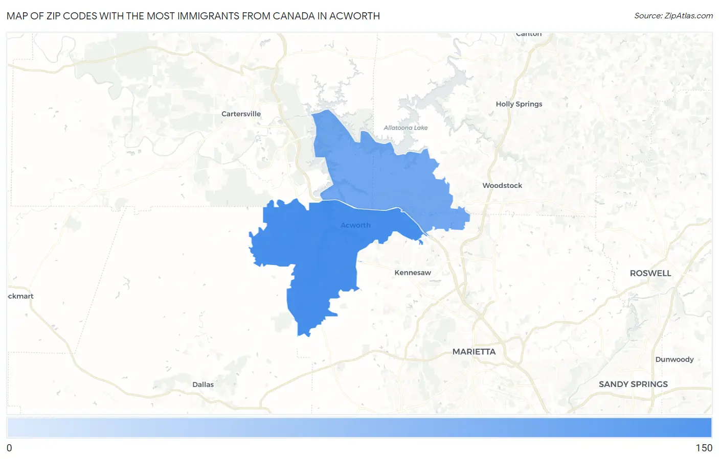 Zip Codes with the Most Immigrants from Canada in Acworth Map