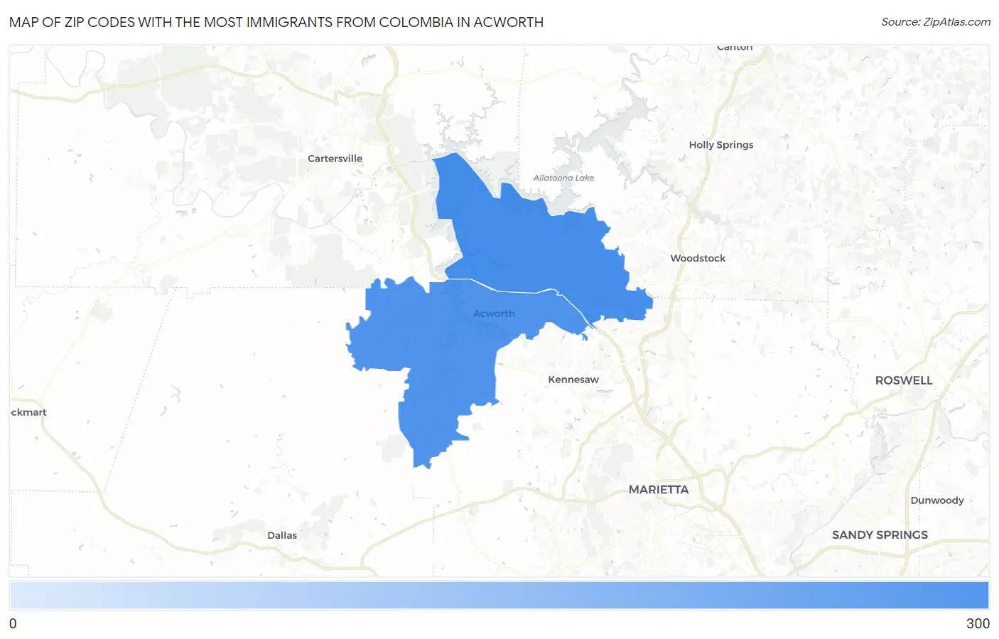 Zip Codes with the Most Immigrants from Colombia in Acworth Map