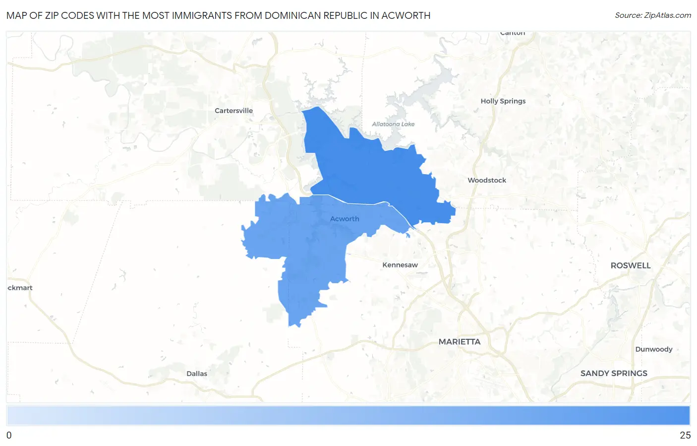 Zip Codes with the Most Immigrants from Dominican Republic in Acworth Map