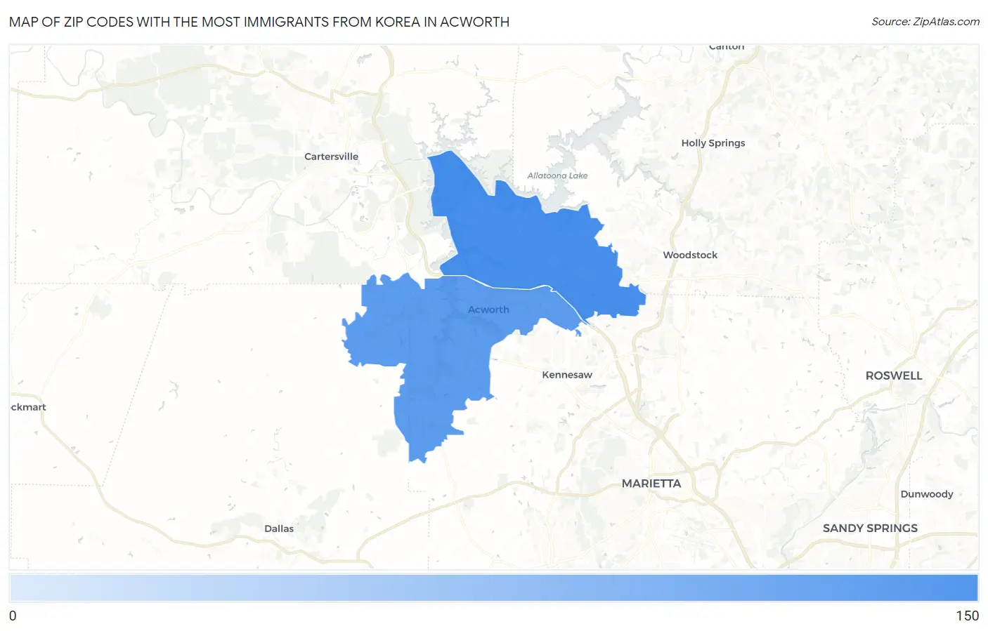 Zip Codes with the Most Immigrants from Korea in Acworth Map