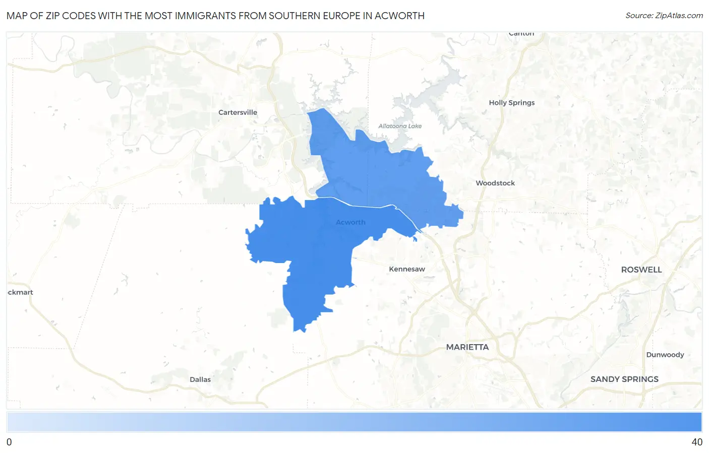 Zip Codes with the Most Immigrants from Southern Europe in Acworth Map