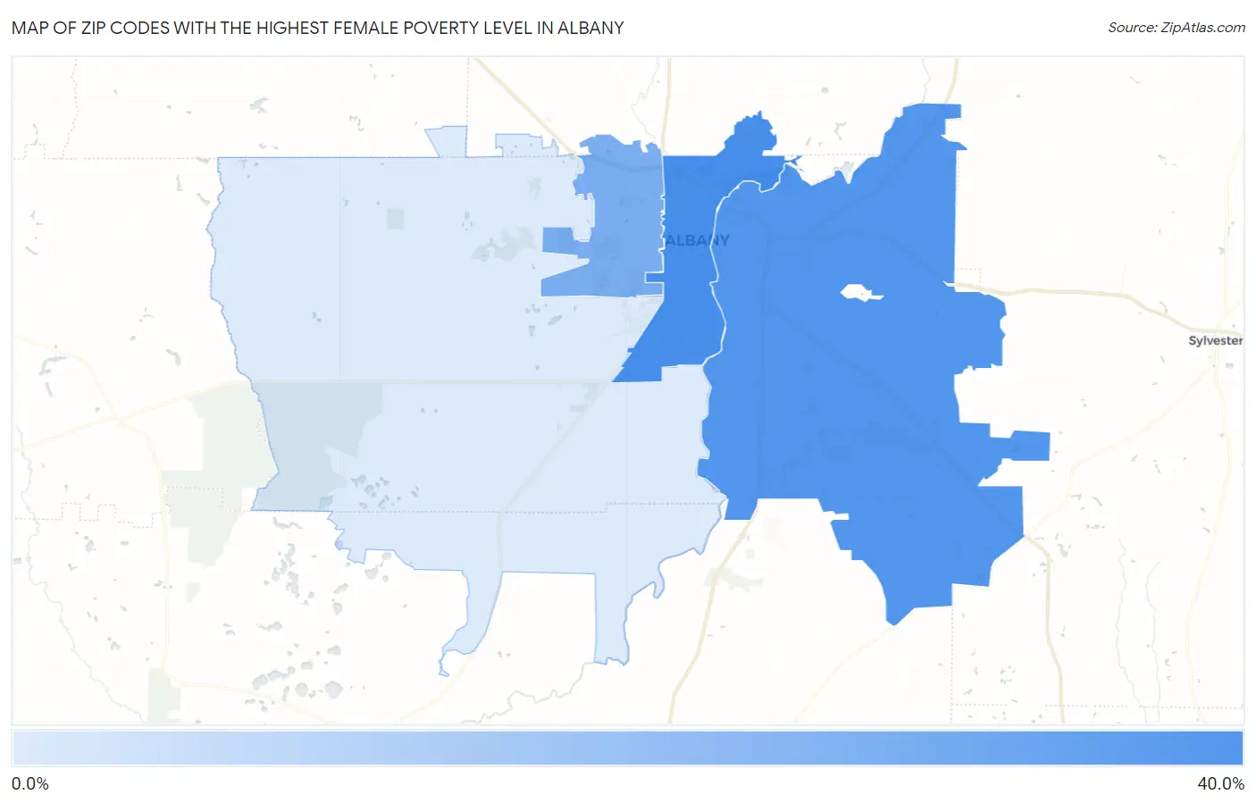 Zip Codes with the Highest Female Poverty Level in Albany Map