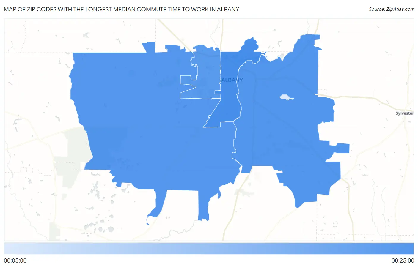 Zip Codes with the Longest Median Commute Time to Work in Albany Map