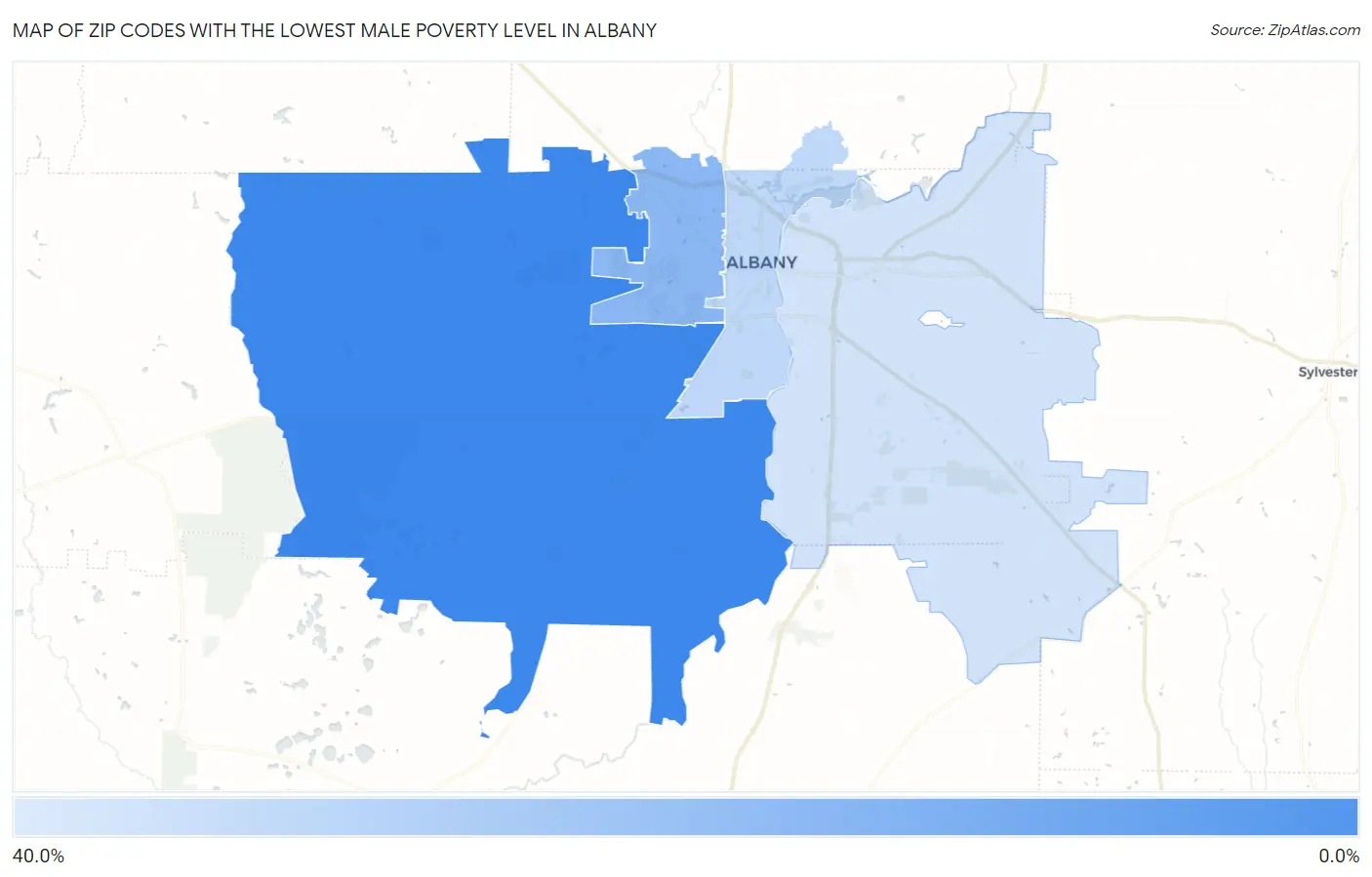 Zip Codes with the Lowest Male Poverty Level in Albany Map