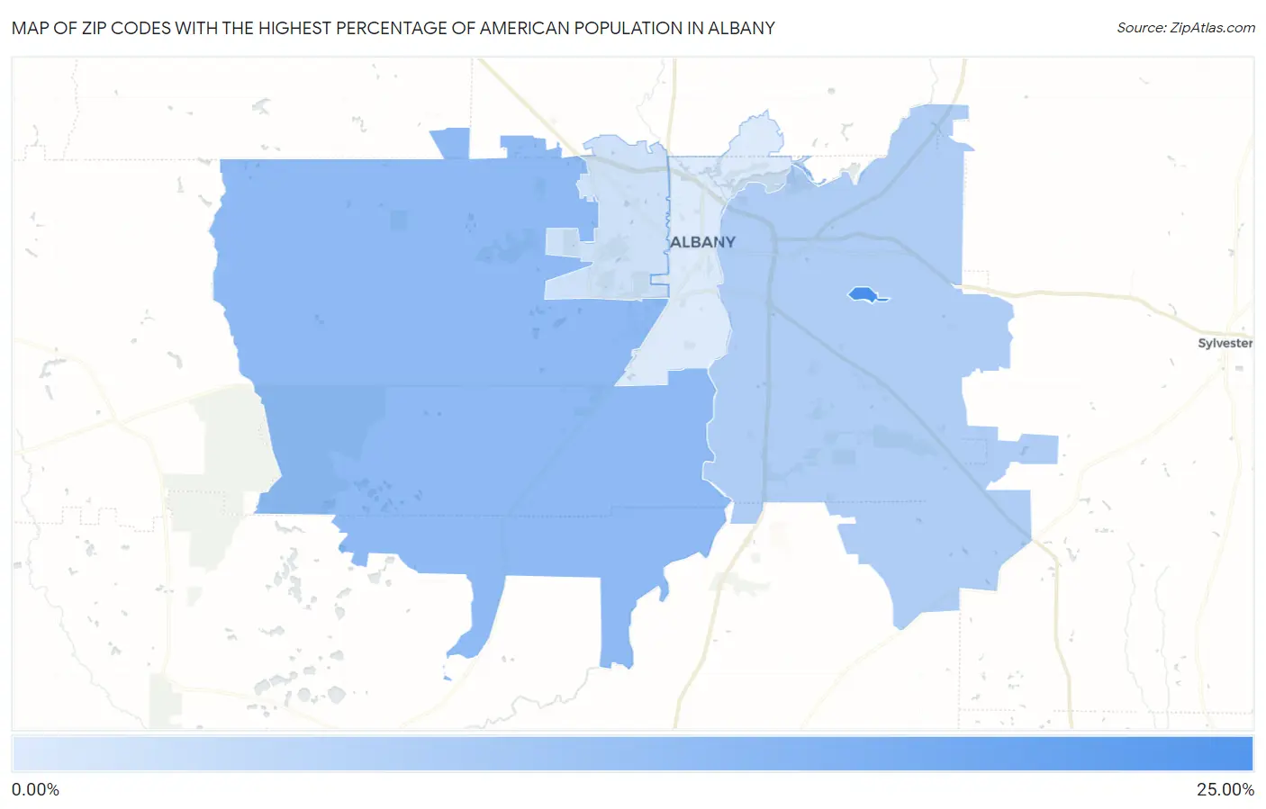 Zip Codes with the Highest Percentage of American Population in Albany Map