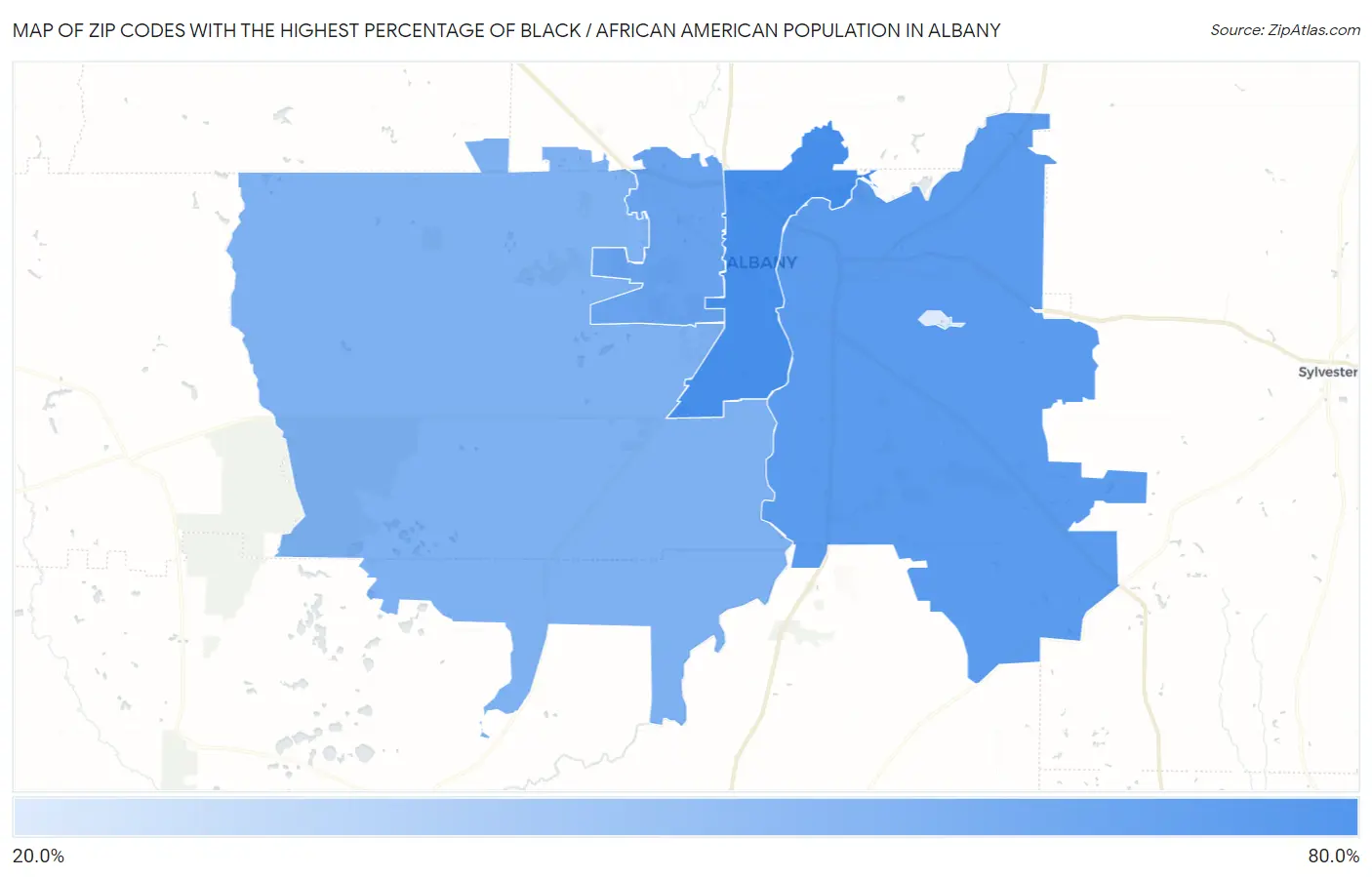 Zip Codes with the Highest Percentage of Black / African American Population in Albany Map