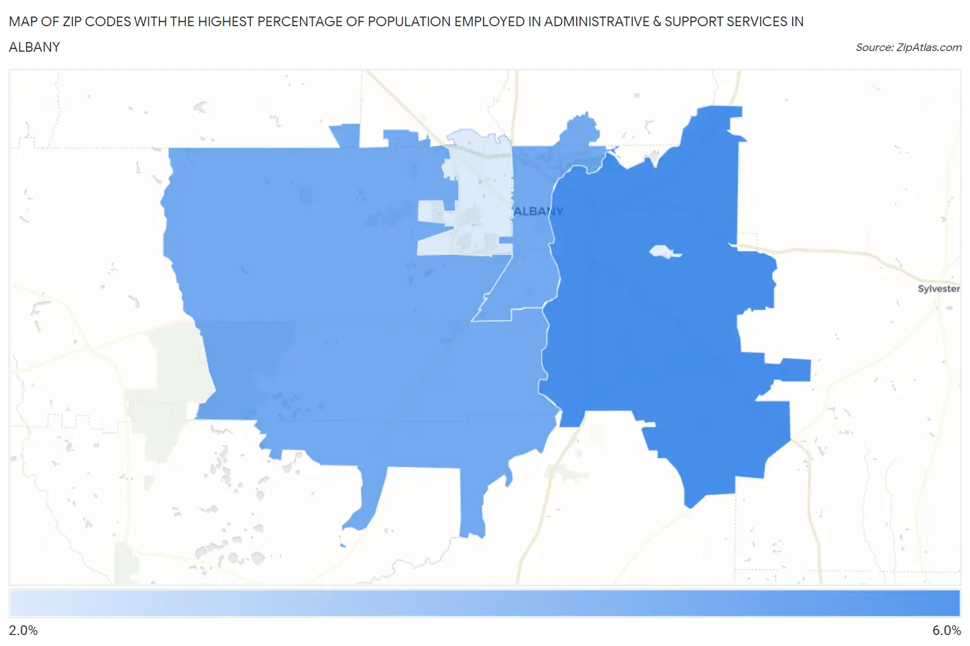 Zip Codes with the Highest Percentage of Population Employed in Administrative & Support Services in Albany Map