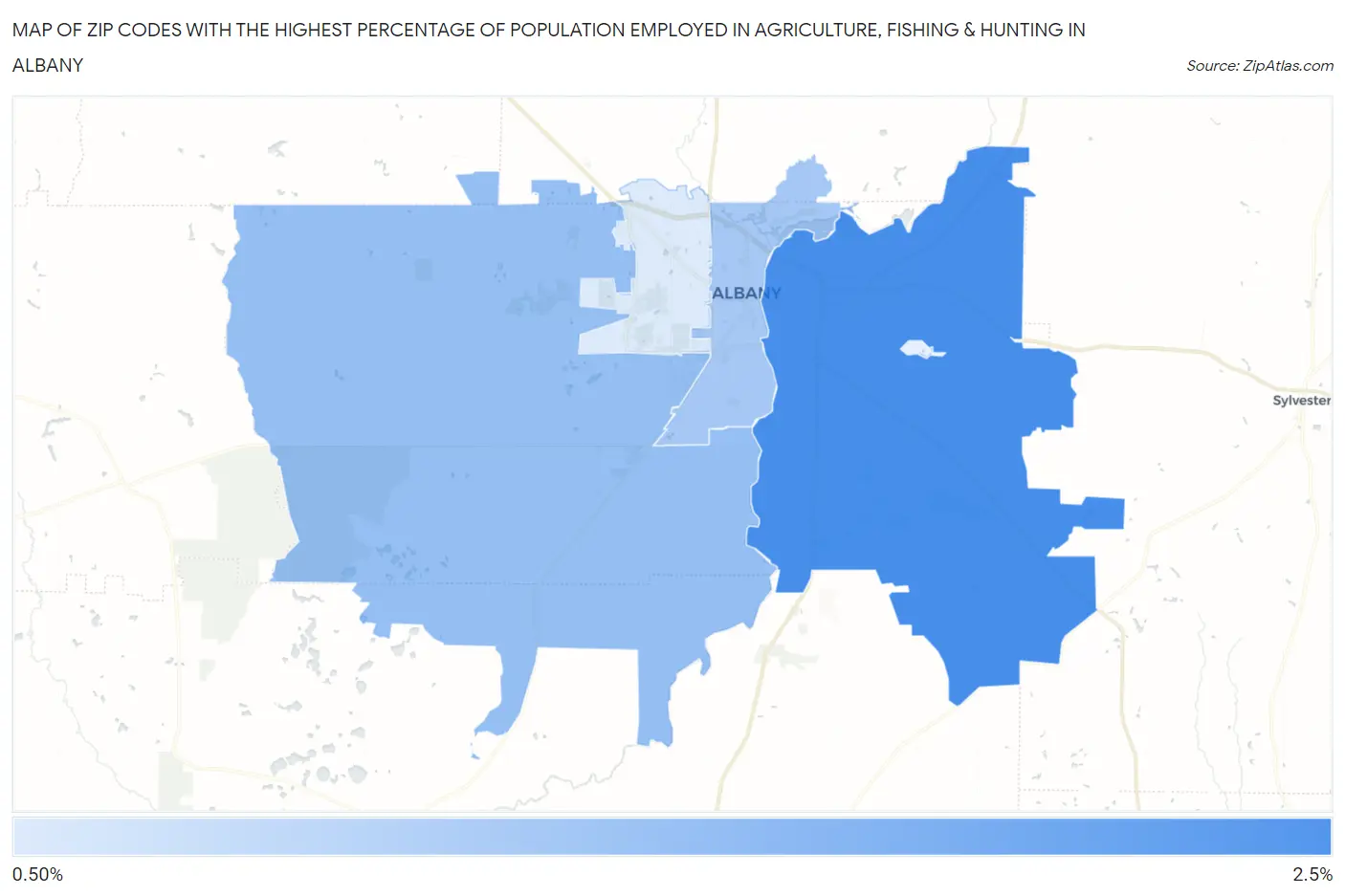 Zip Codes with the Highest Percentage of Population Employed in Agriculture, Fishing & Hunting in Albany Map