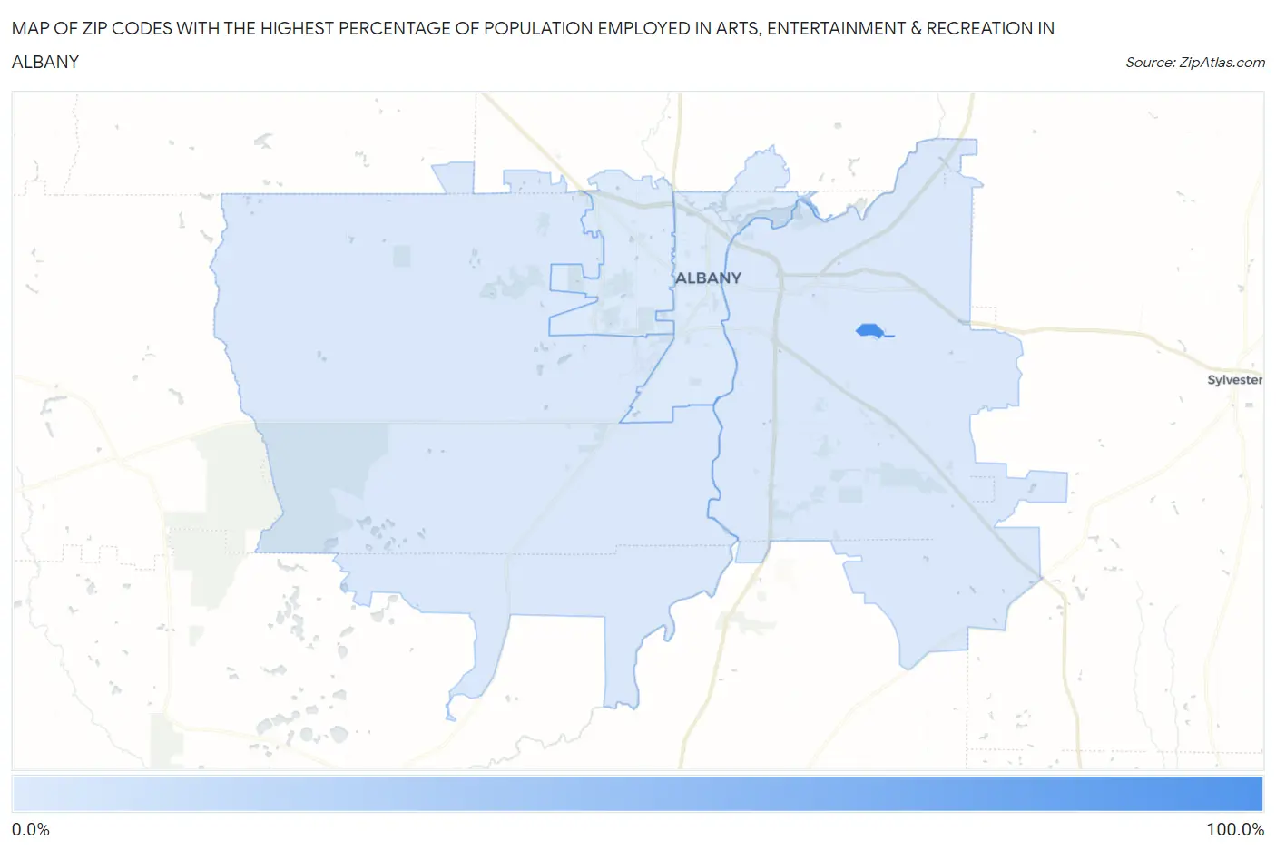 Zip Codes with the Highest Percentage of Population Employed in Arts, Entertainment & Recreation in Albany Map