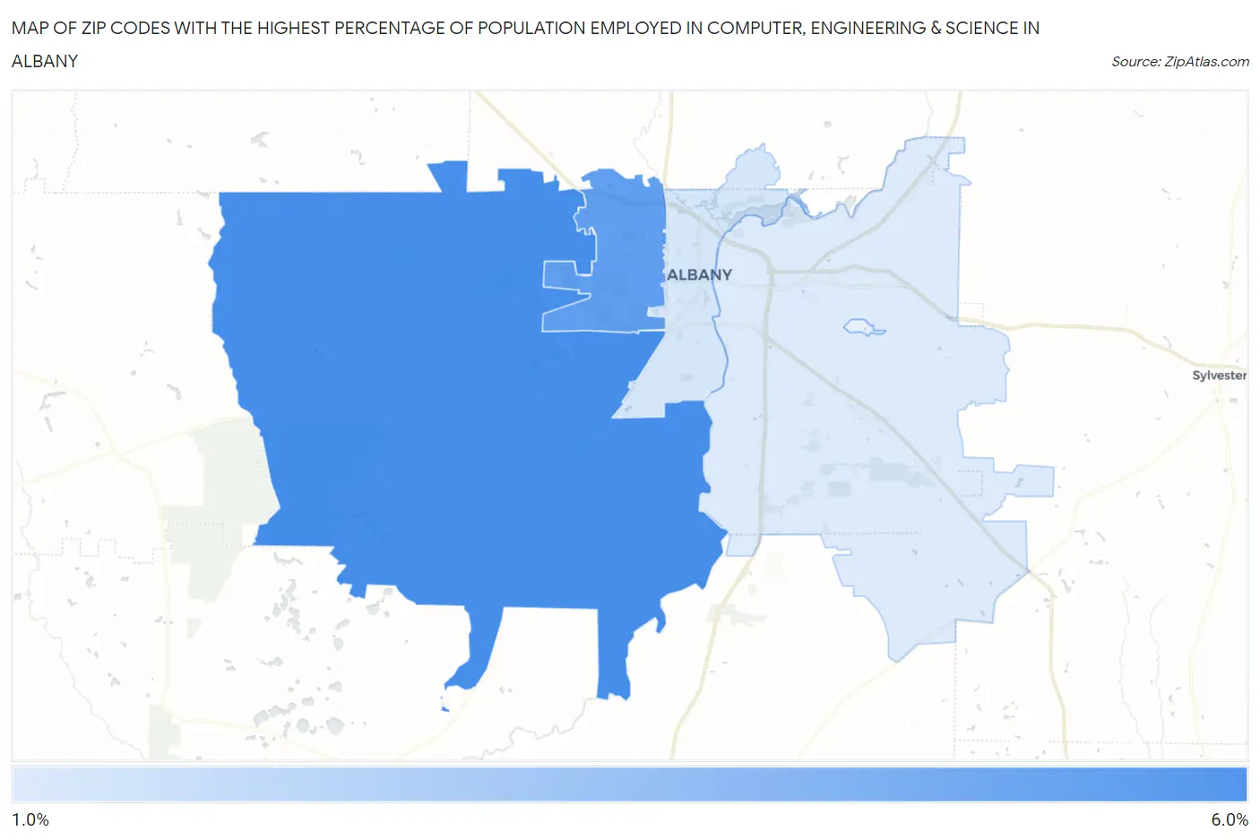 Zip Codes with the Highest Percentage of Population Employed in Computer, Engineering & Science in Albany Map