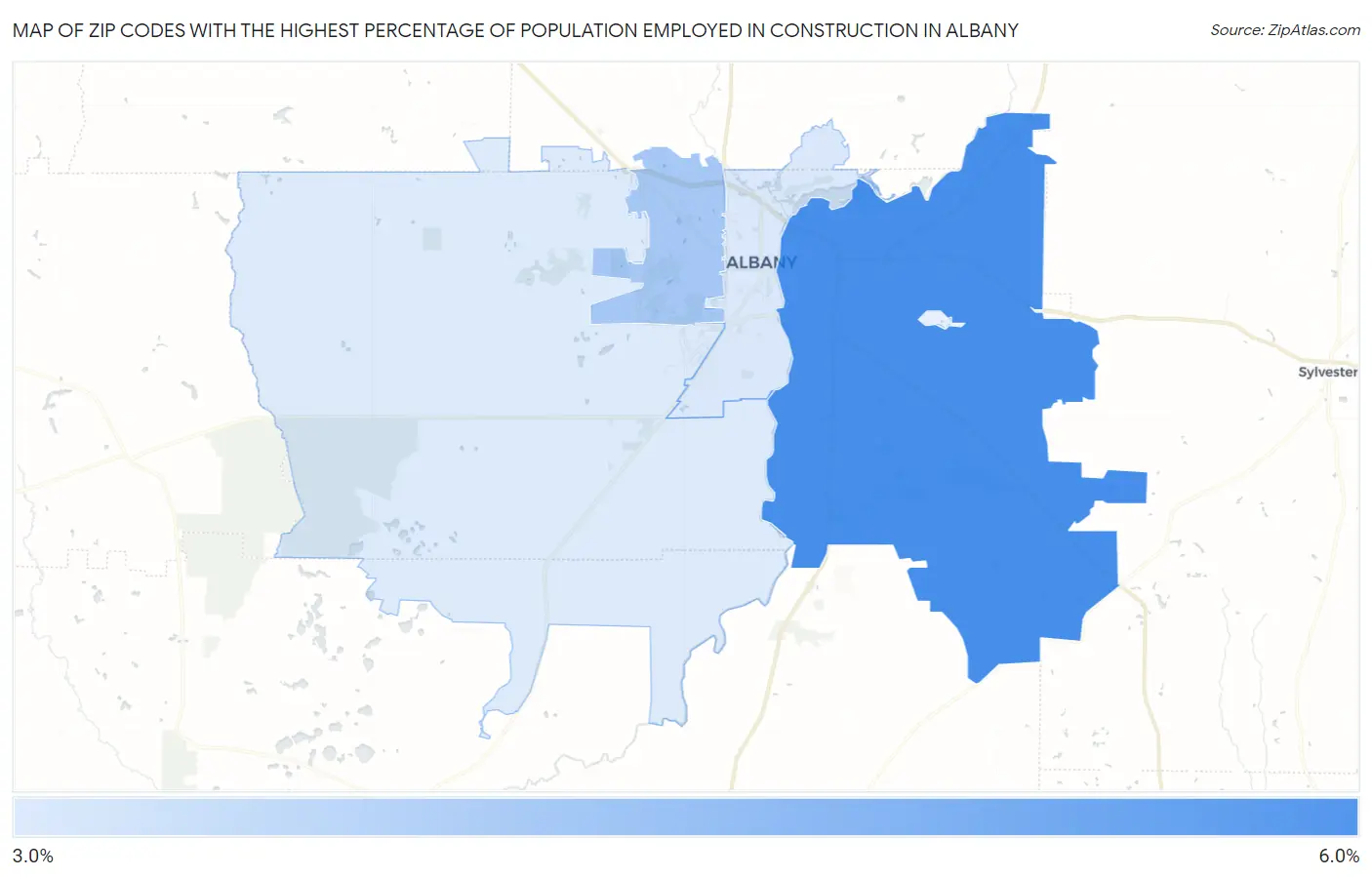 Zip Codes with the Highest Percentage of Population Employed in Construction in Albany Map