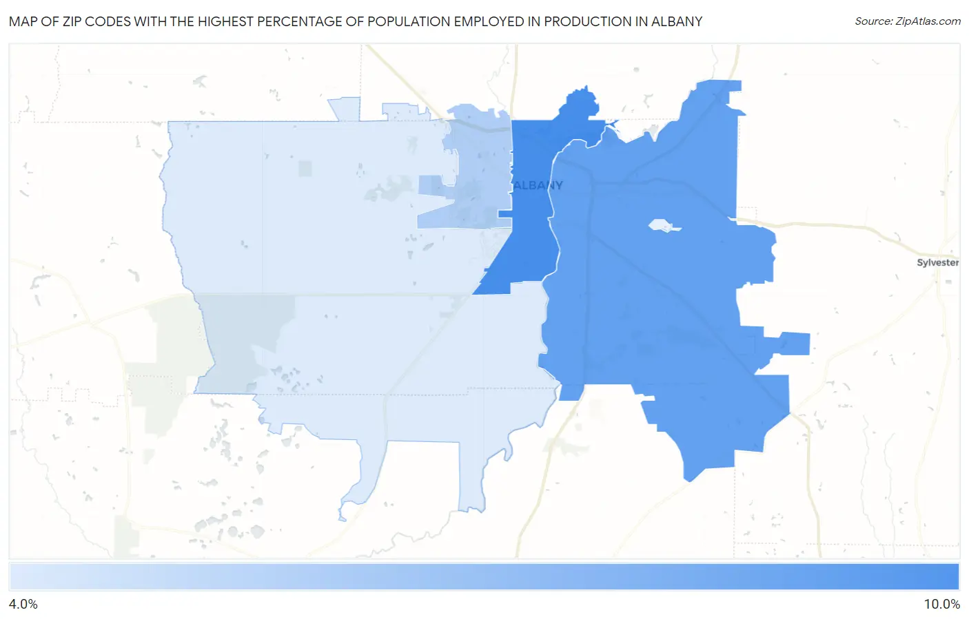 Zip Codes with the Highest Percentage of Population Employed in Production in Albany Map