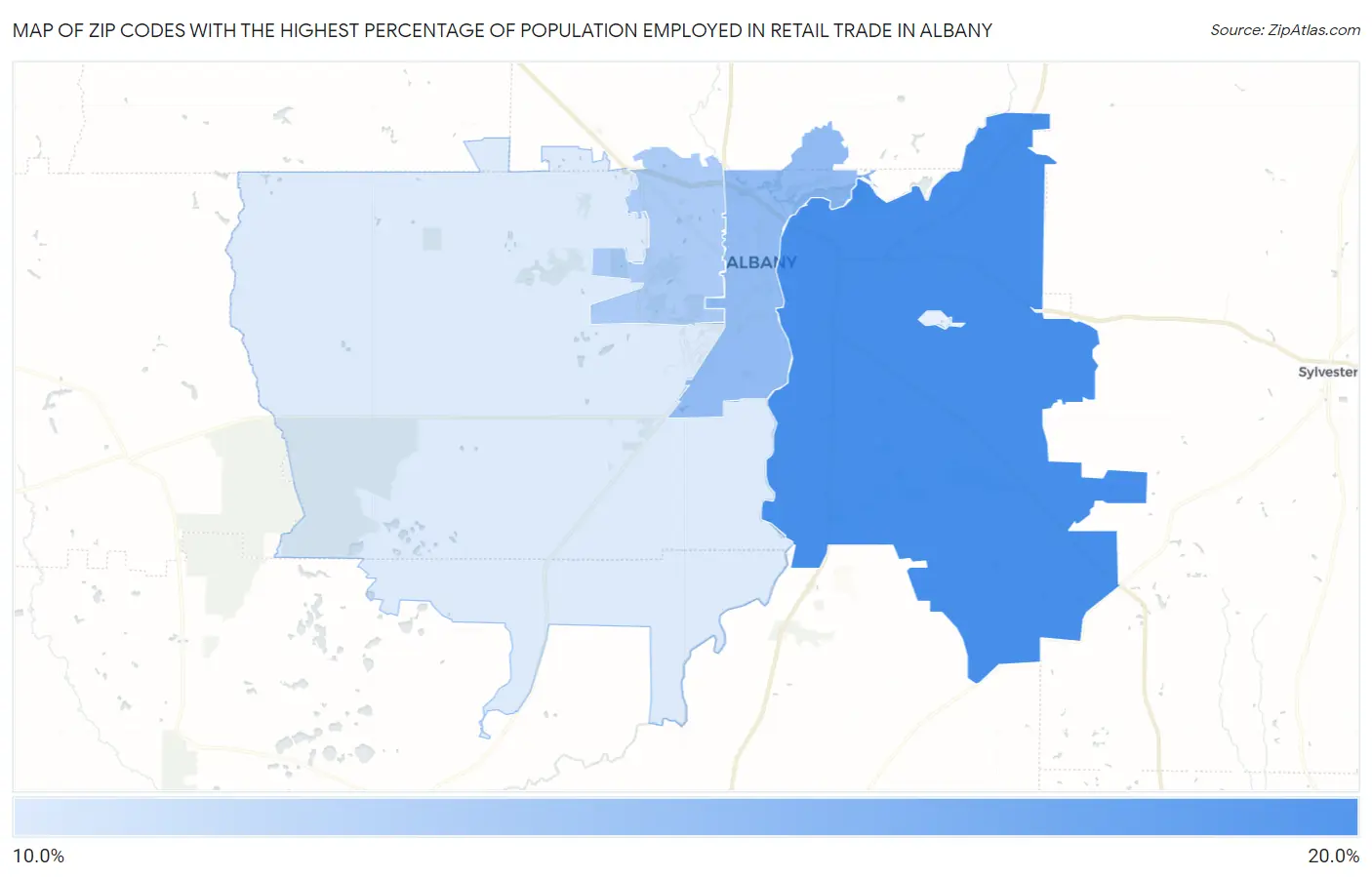 Zip Codes with the Highest Percentage of Population Employed in Retail Trade in Albany Map