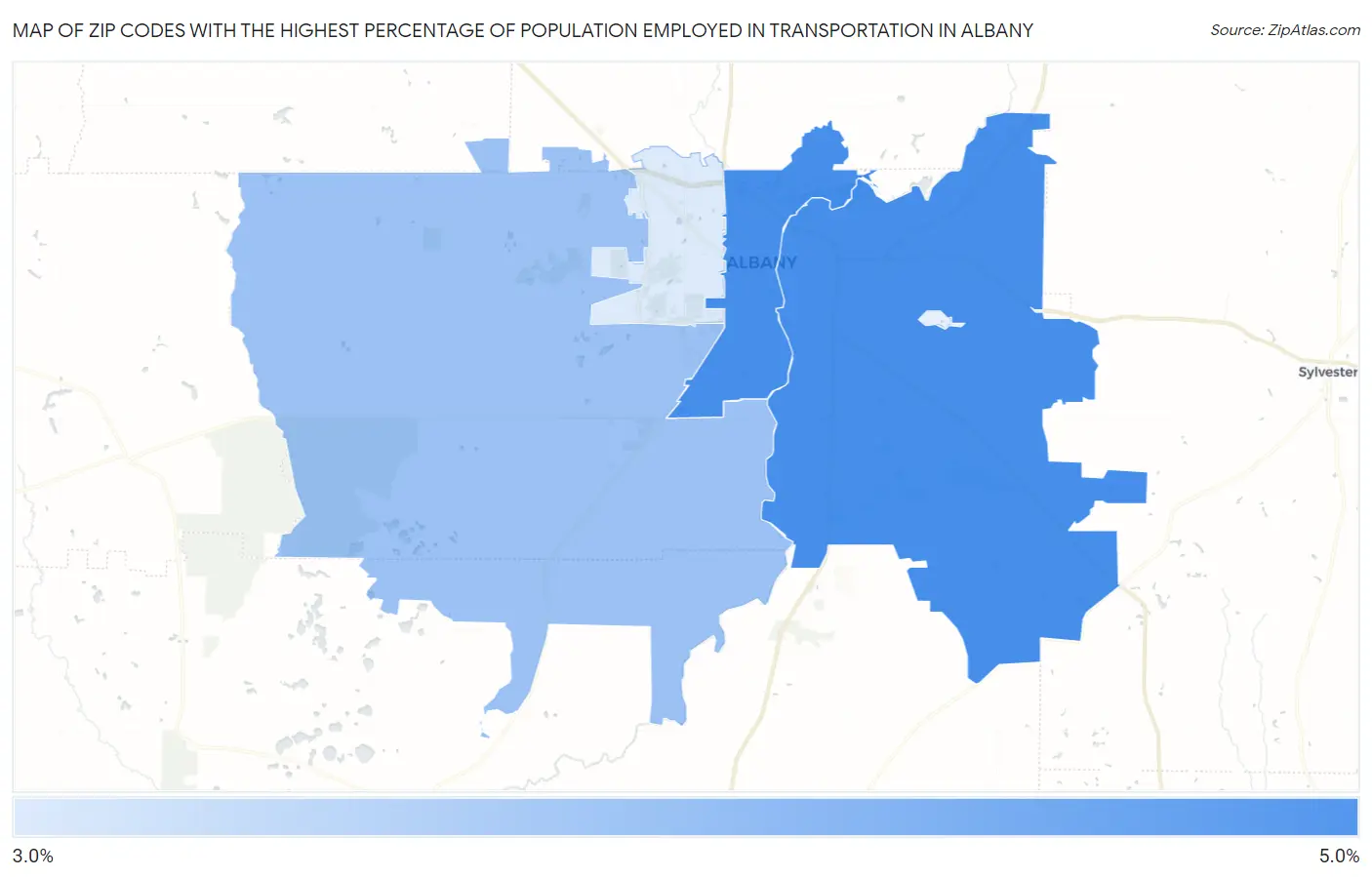 Zip Codes with the Highest Percentage of Population Employed in Transportation in Albany Map