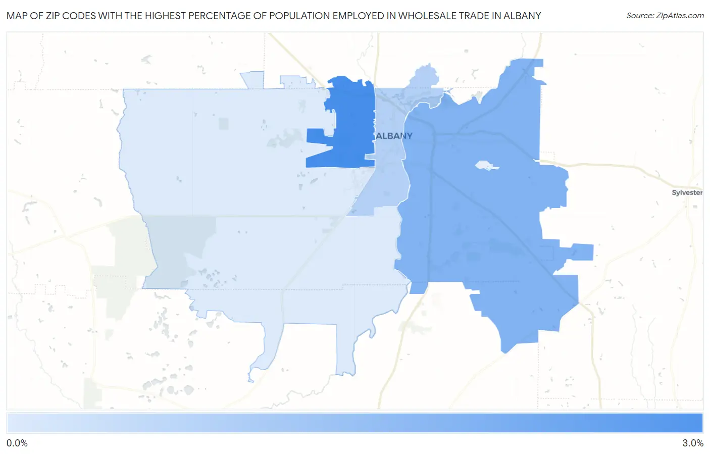 Zip Codes with the Highest Percentage of Population Employed in Wholesale Trade in Albany Map
