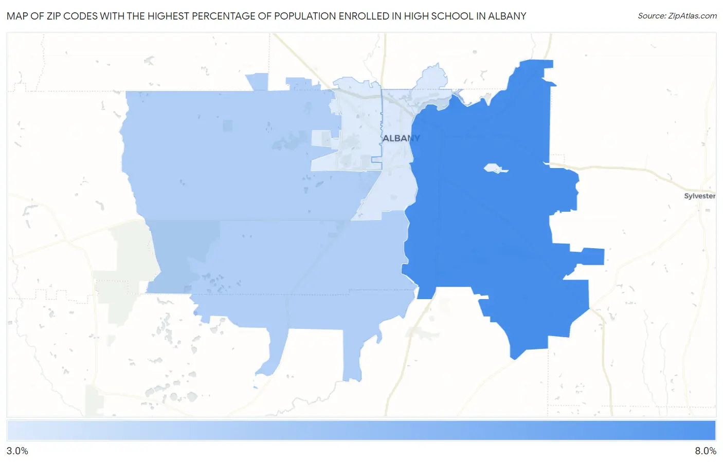 Zip Codes with the Highest Percentage of Population Enrolled in High School in Albany Map
