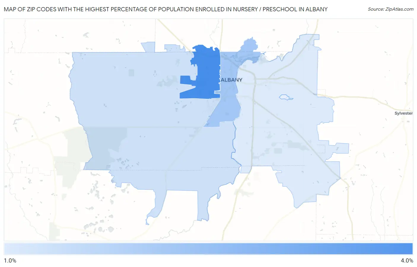Zip Codes with the Highest Percentage of Population Enrolled in Nursery / Preschool in Albany Map