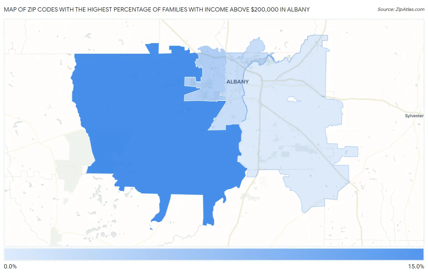 Zip Codes with the Highest Percentage of Families with Income Above $200,000 in Albany Map