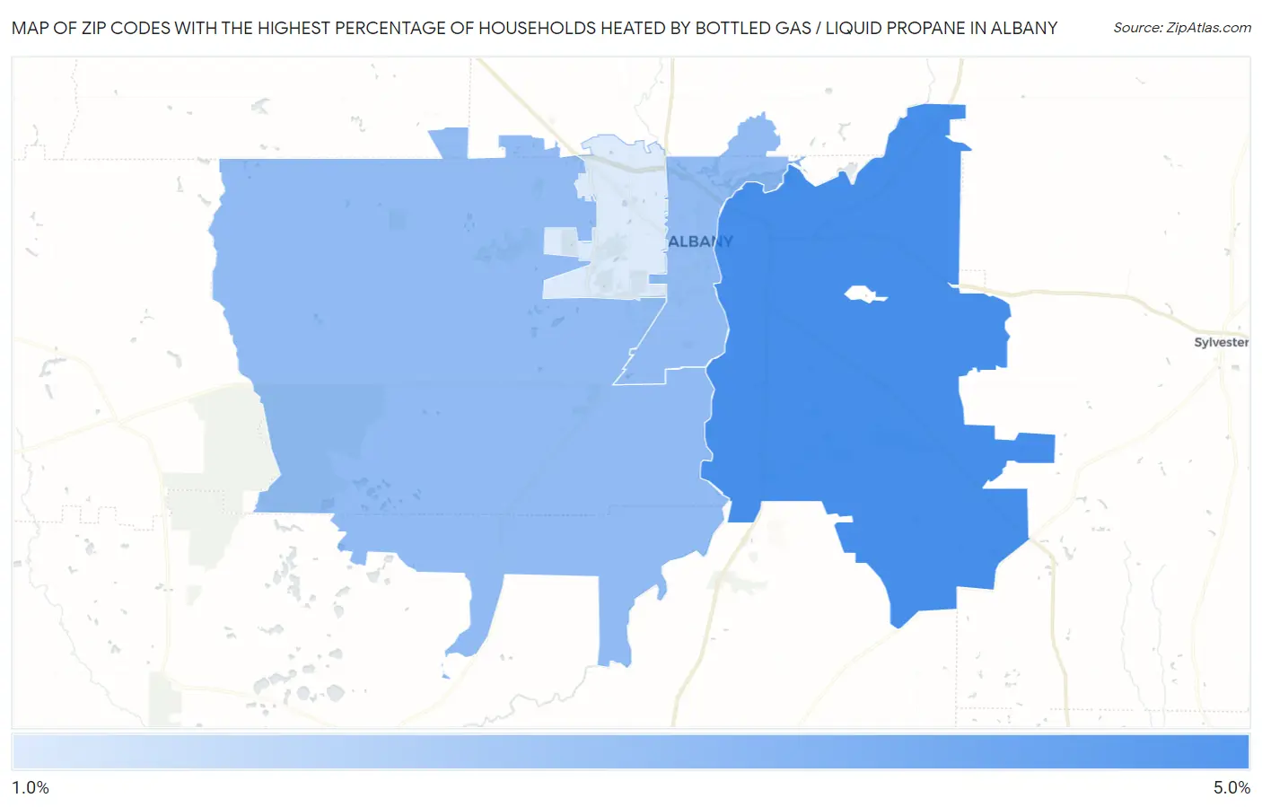 Zip Codes with the Highest Percentage of Households Heated by Bottled Gas / Liquid Propane in Albany Map