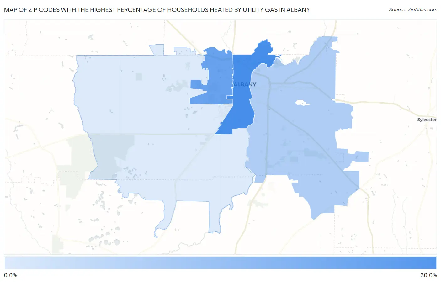 Zip Codes with the Highest Percentage of Households Heated by Utility Gas in Albany Map