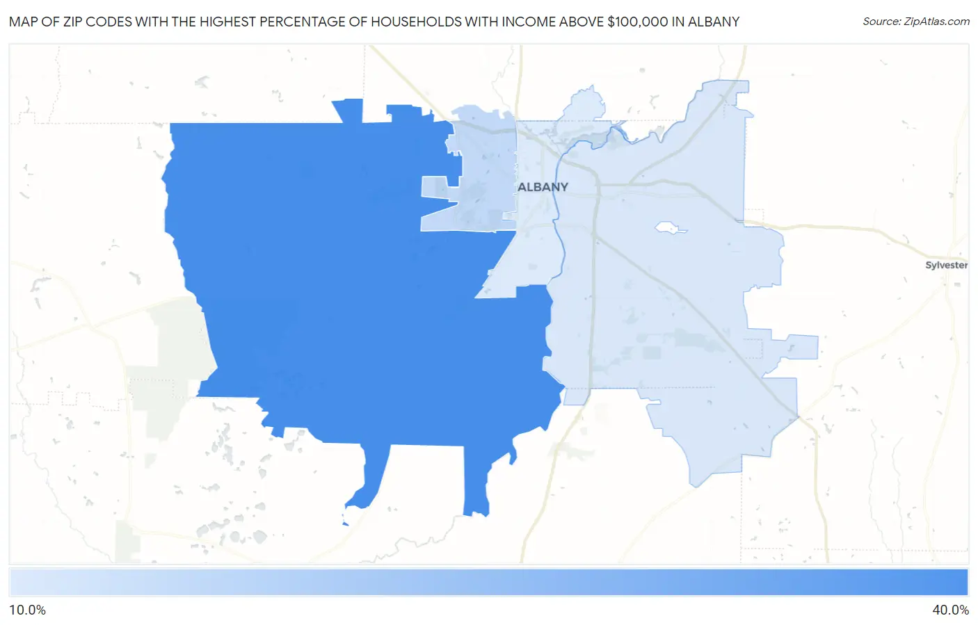 Zip Codes with the Highest Percentage of Households with Income Above $100,000 in Albany Map