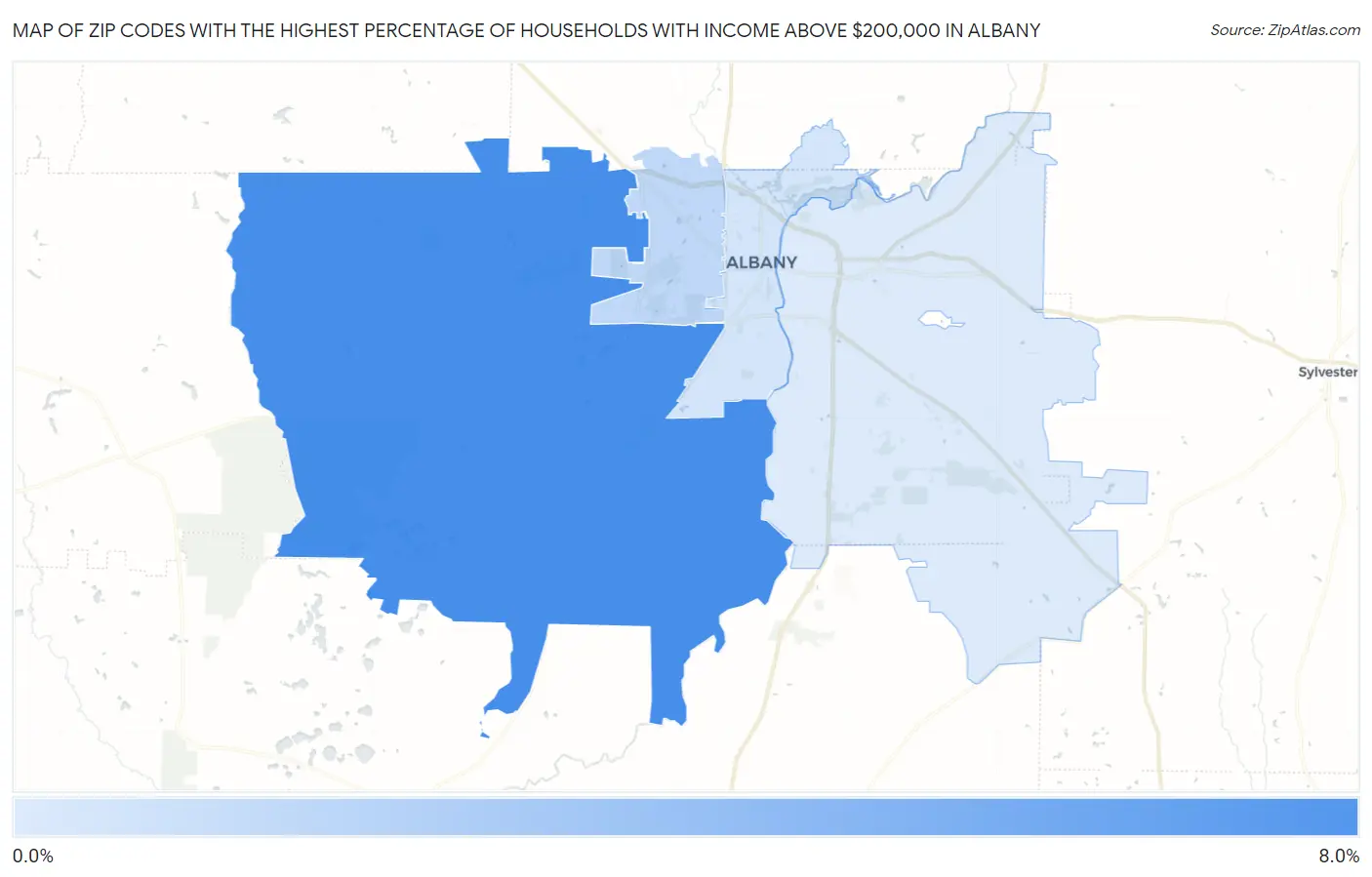 Zip Codes with the Highest Percentage of Households with Income Above $200,000 in Albany Map