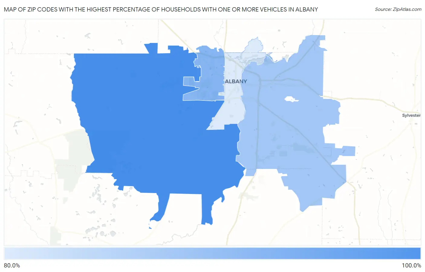Zip Codes with the Highest Percentage of Households With One or more Vehicles in Albany Map