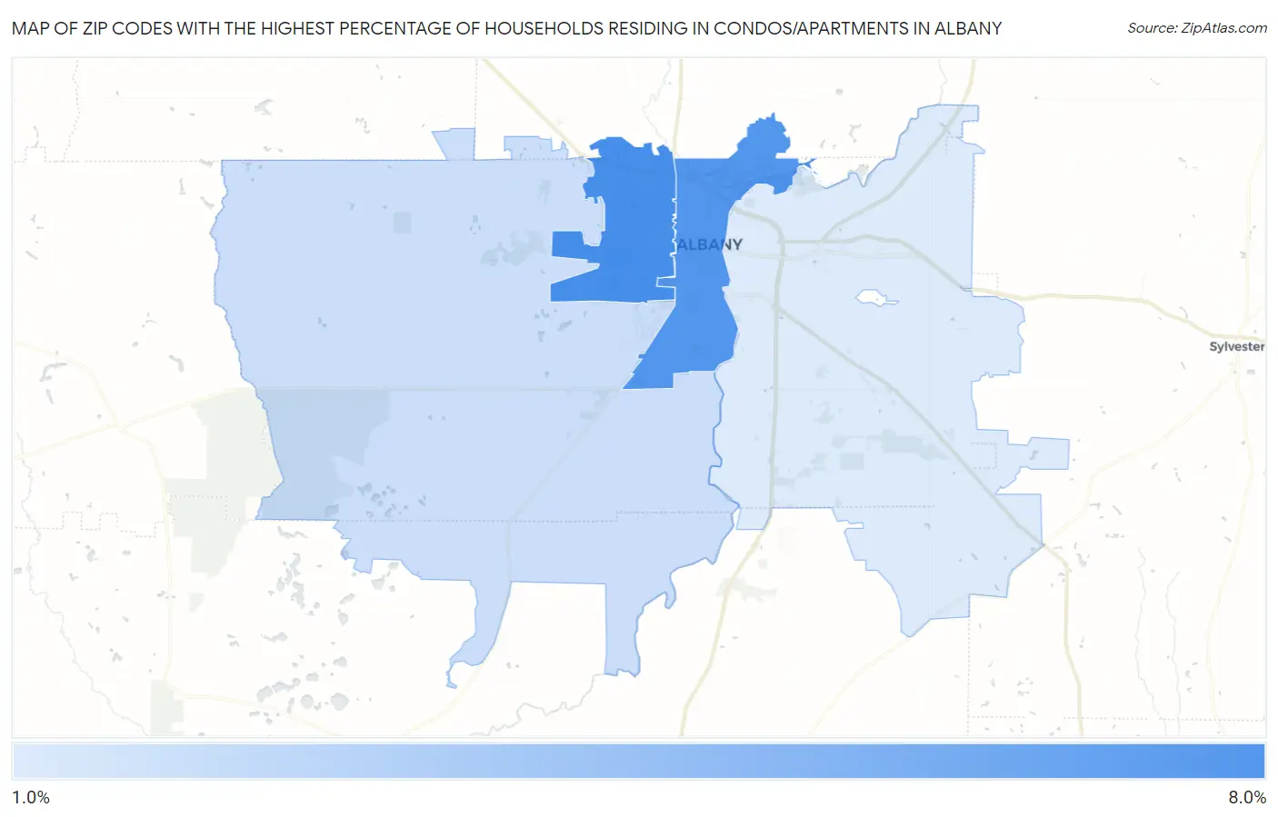 Zip Codes with the Highest Percentage of Households Residing in Condos/Apartments in Albany Map