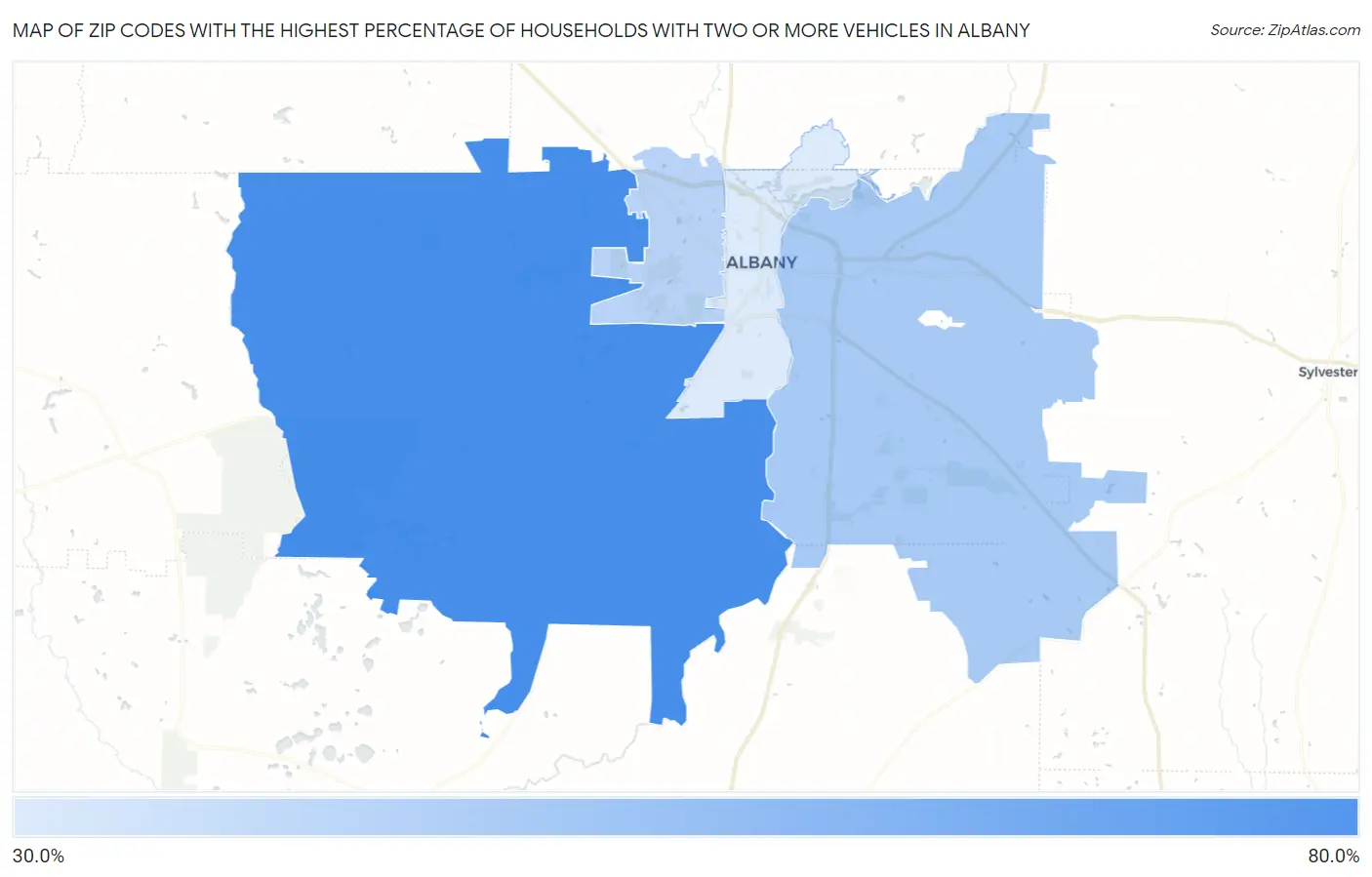 Zip Codes with the Highest Percentage of Households With Two or more Vehicles in Albany Map