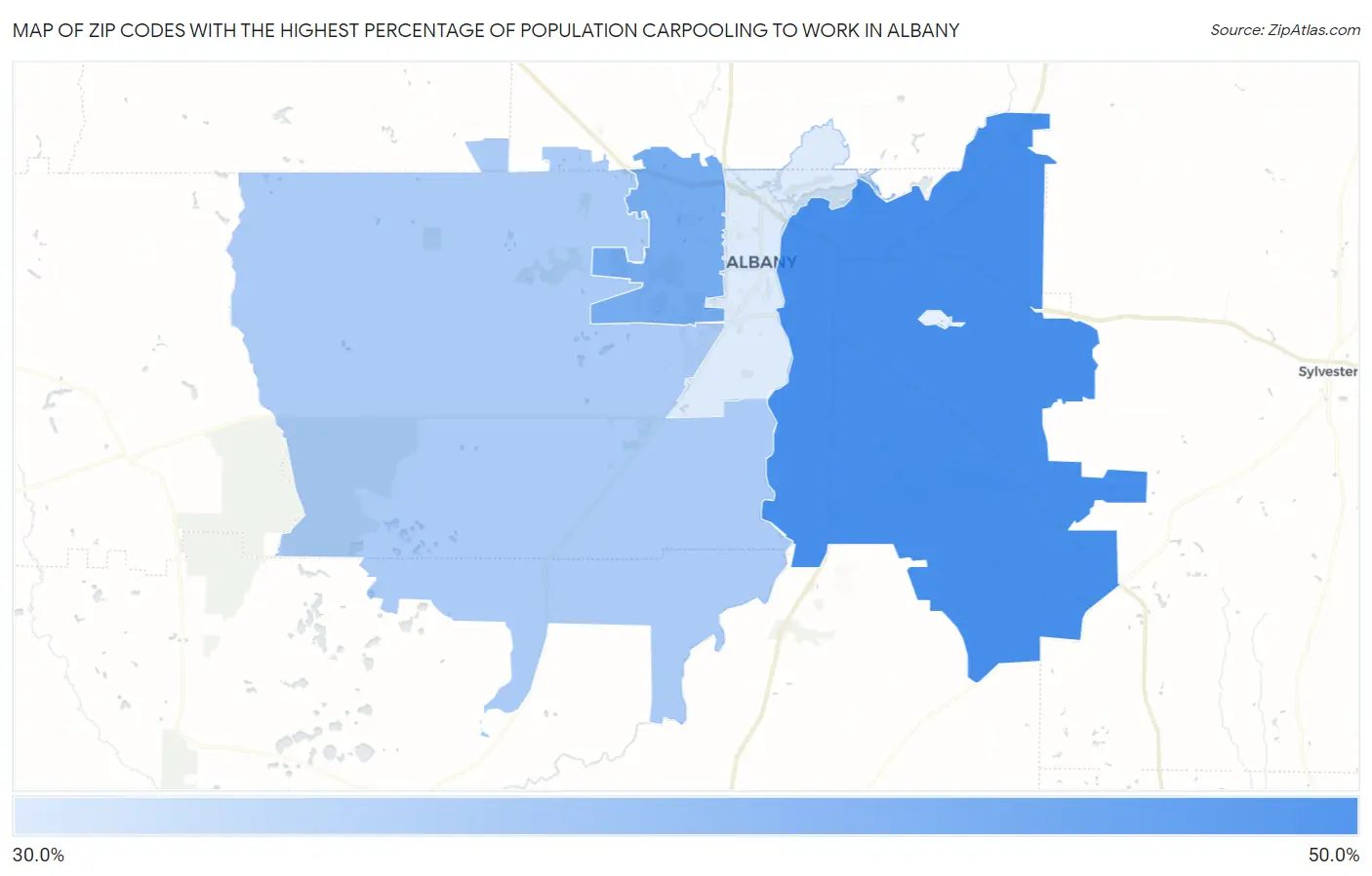 Zip Codes with the Highest Percentage of Population Carpooling to Work in Albany Map
