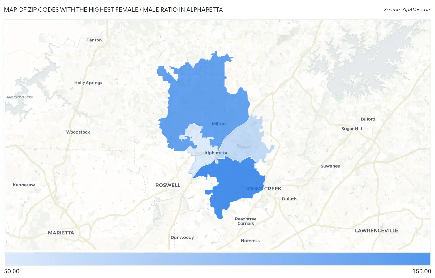 Zip Codes with the Highest Female / Male Ratio in Alpharetta Map